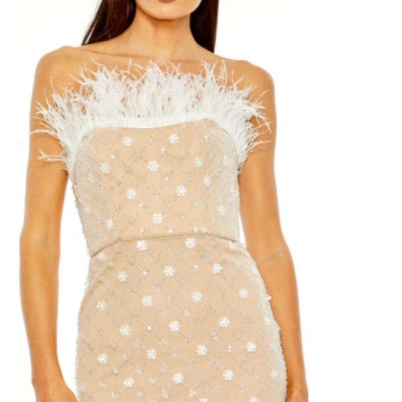 MAC DUGGAL FEATHER DETAIL BEADED STRAPLESS TULLE WHITE/BEIGE MIDI DRESS sz 2 - Picture 3 of 6